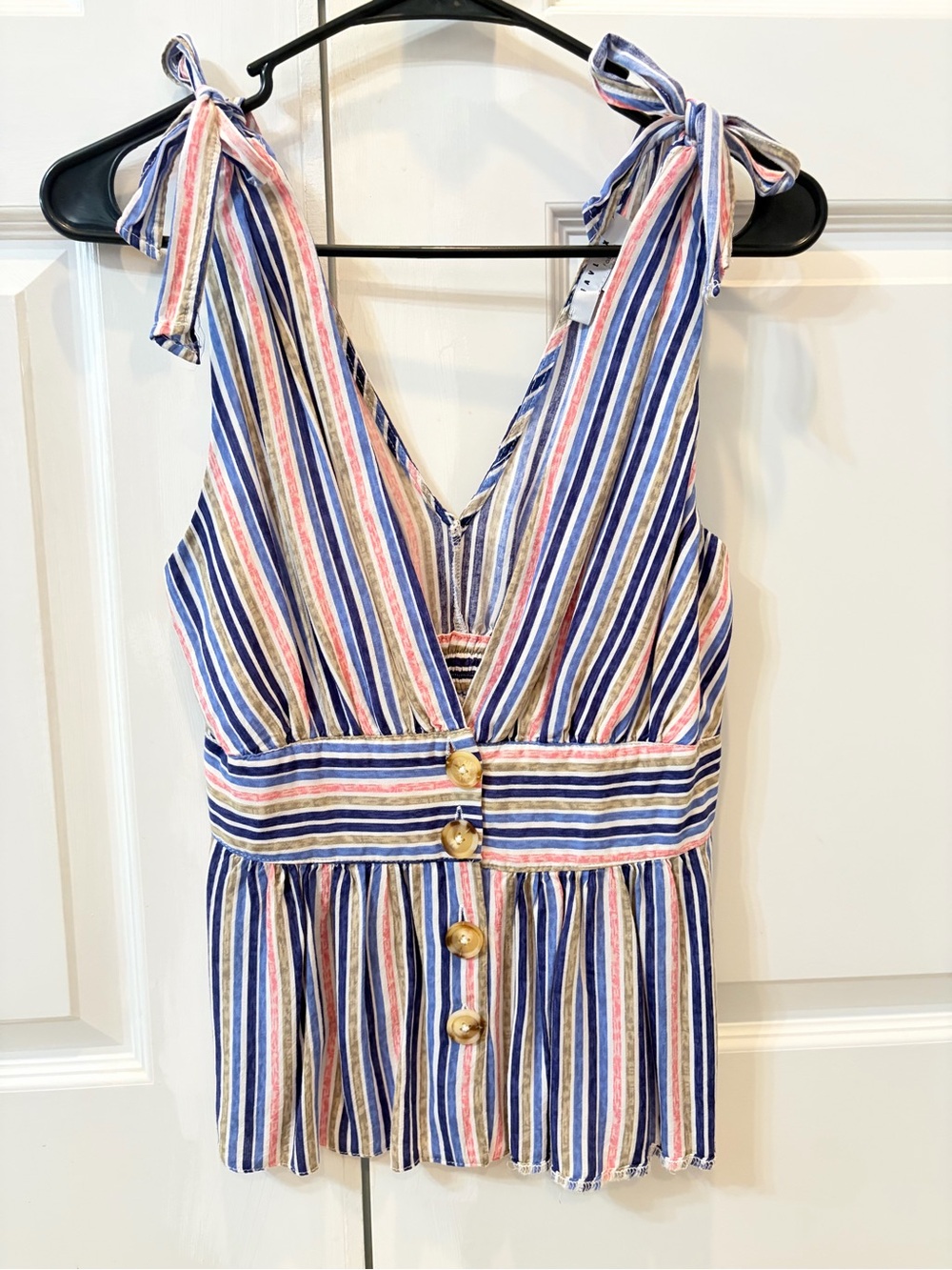 FAVLUX Striped Tie-Shoulder Peplum Top - Blue/Pink/Green